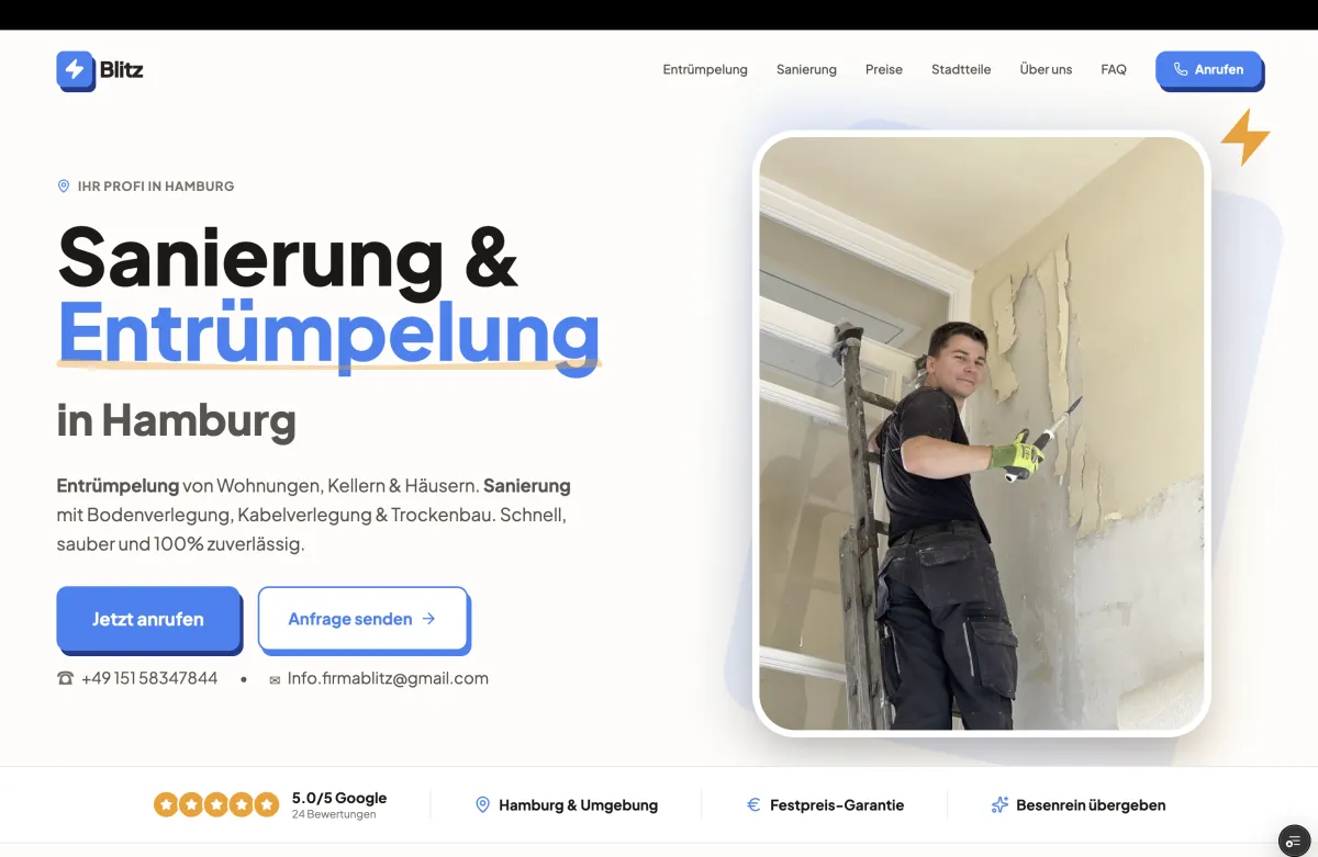 Blitz Hamburg Website — Startseite mit Hero-Bereich, Sanierung & Entrumpelung in Hamburg