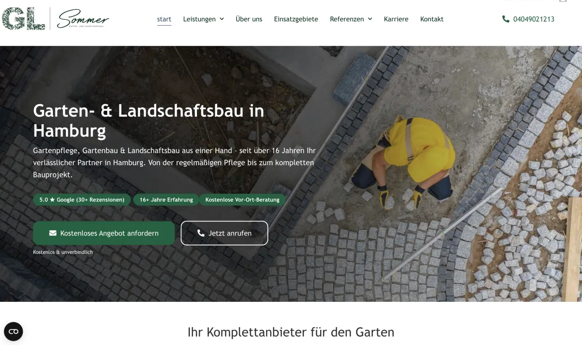 GL Sommer GmbH Website — Hero-Bereich mit Garten- und Landschaftsbau Leistungen in Hamburg