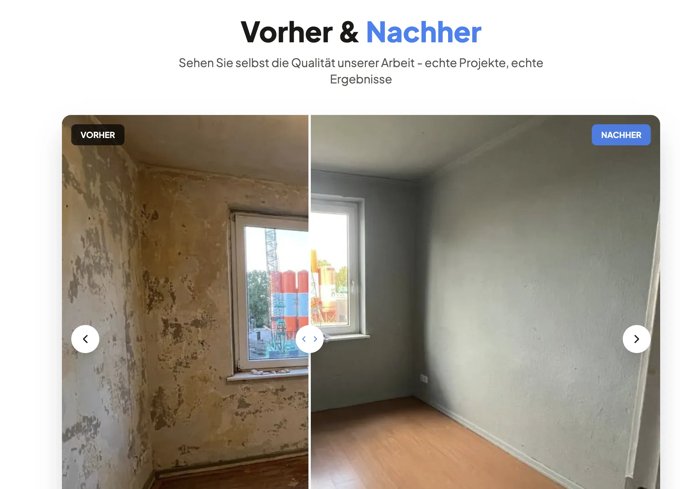 Vorher/Nachher-Galerie: Sanierungsprojekt mit Wandsanierung — vorher beschadigte Wande, nachher frisch renoviert