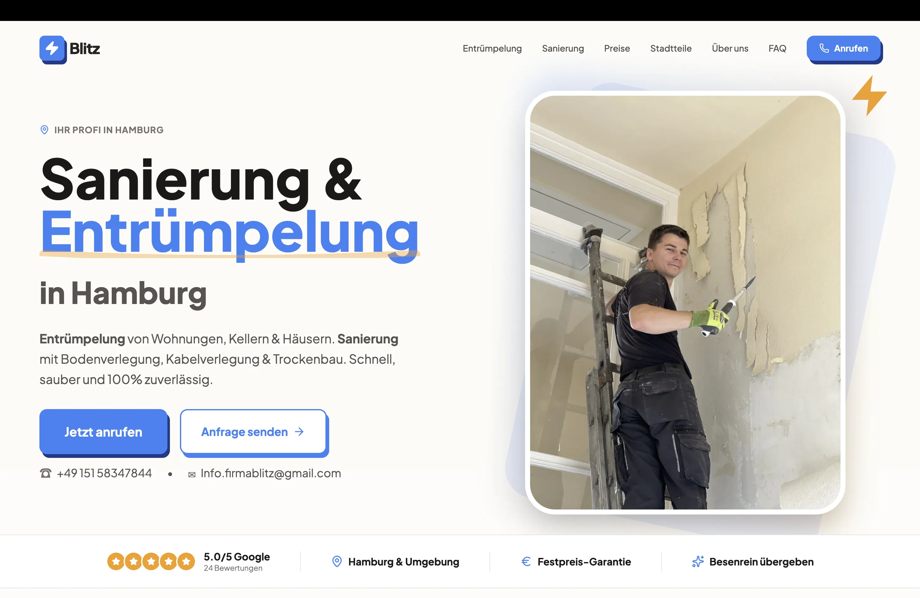 Blitz Hamburg Website — Startseite mit Hero-Bereich, Kontaktdaten und Leistungsubersicht