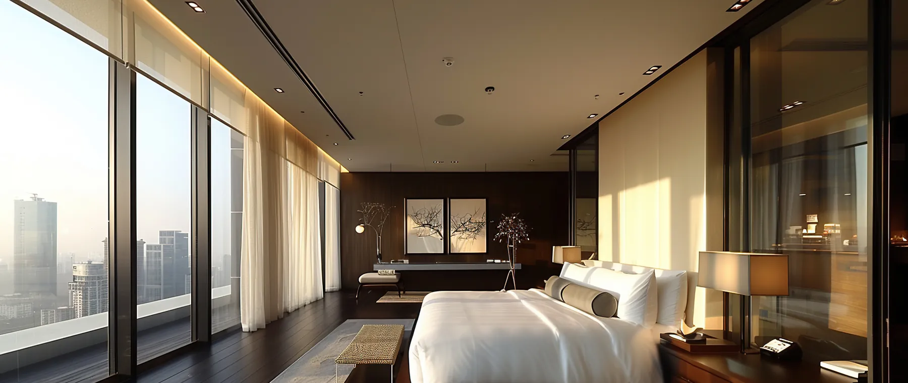 Langes Hotelzimmer mit Fensterfront, Bett und warmem Abendlicht