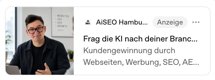Anzeigenvorschau aus dem OpenAI Ads Manager: Bild, Absendername, Anzeigen-Label, Titel und Beschreibung
