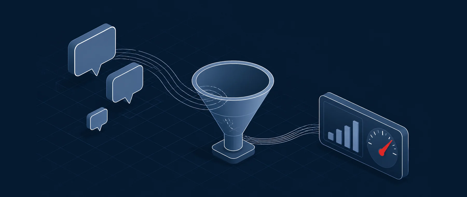 Illustration: Sprechblasen fließen durch einen Trichter in ein Dashboard mit Balkendiagramm und Gebotsanzeige
