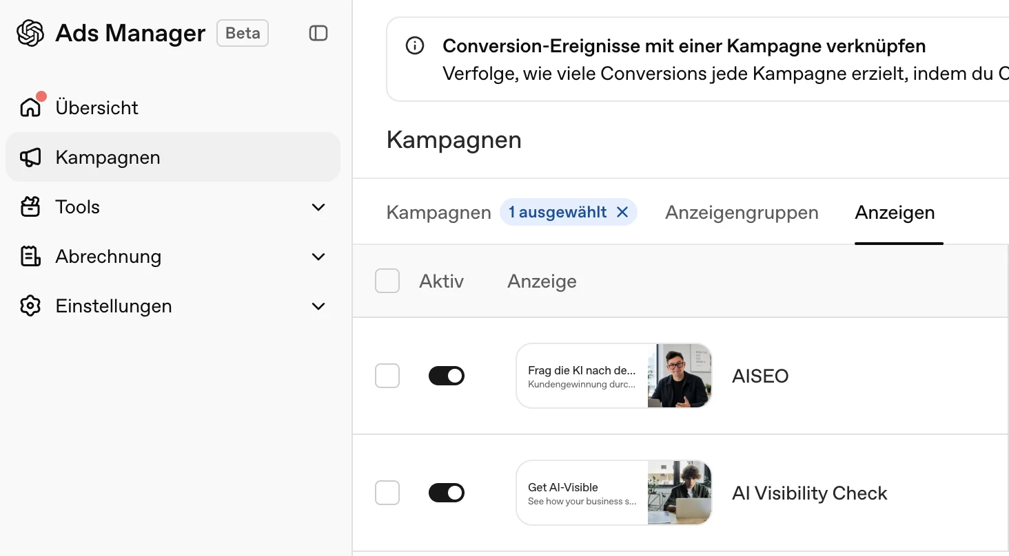 Screenshot des OpenAI Ads Manager Beta mit zwei aktiven Kampagnen und Anzeigenvorschau