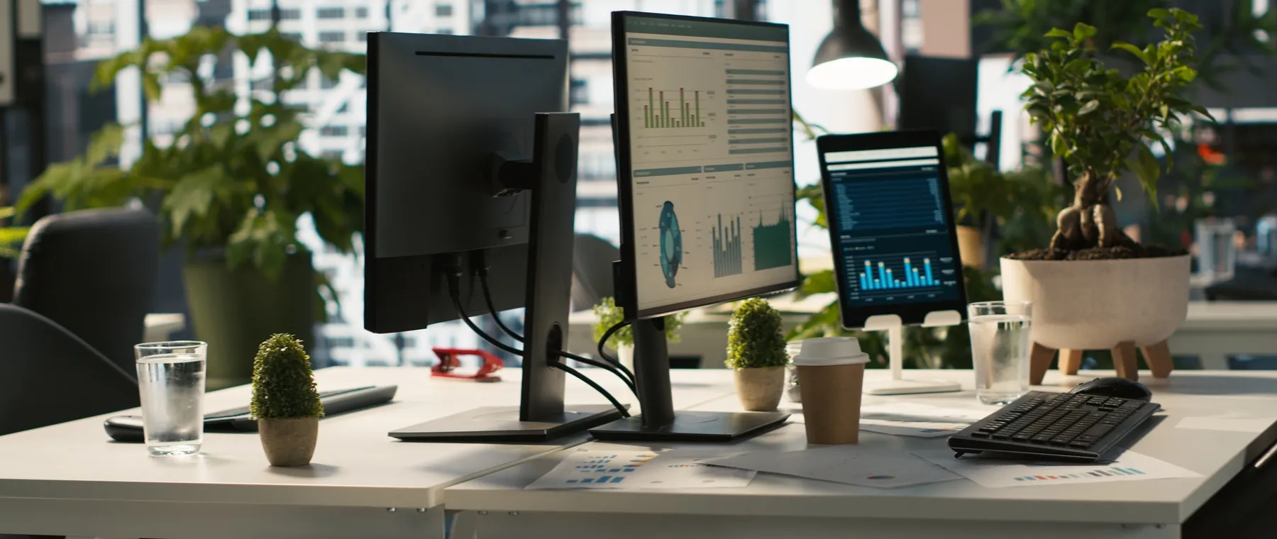 Bürotisch mit zwei Monitoren, auf denen Diagramme und Kennzahlen zur Websiteleistung zu sehen sind