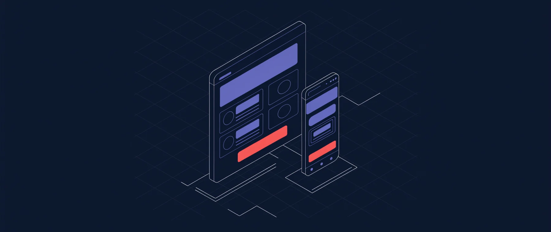 Illustration: Browserfenster und Smartphone mit derselben responsiven Website, roter Anfrage-Button