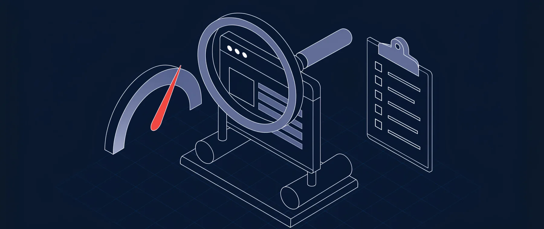 Illustration: Lupe über einer Website, daneben Tacho und Checkliste