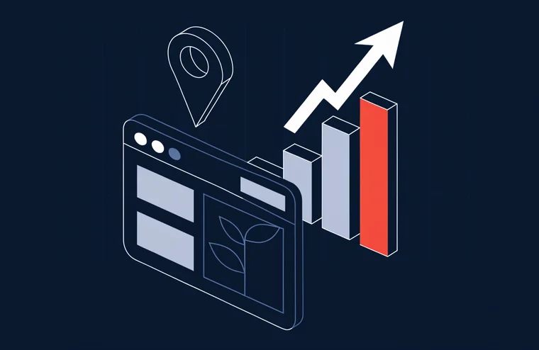 Illustration: Browserfenster mit GaLaBau-Website, Standort-Pin und steigendes Balkendiagramm