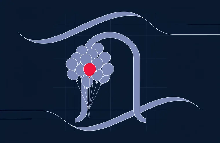 Illustration: Eventbogen mit Ballontraube und geschwungenen Baendern