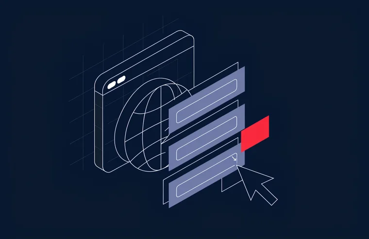 Illustration: Browserfenster mit Globus und drei Inhaltsbloecken, die per Cursor angeordnet werden