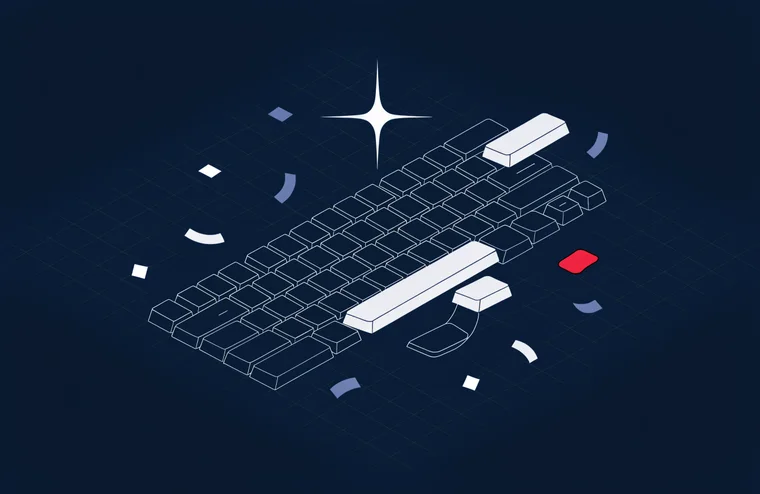 Illustration: isometrische Tastatur mit abhebenden Tasten, KI-Funke und Konfetti