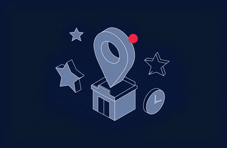 Illustration: Standort-Pin auf einem Ladengeschaeft, umgeben von Sternen und einer Uhr
