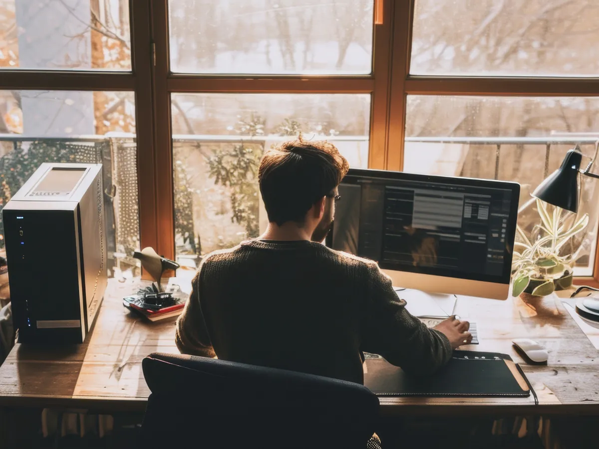 Entwickler arbeitet an einem Schreibtisch vor einem großen Fenster am Monitor