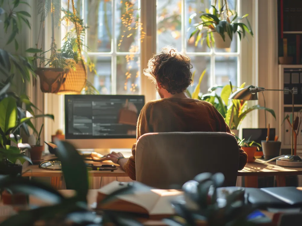 Einzelner Entwickler arbeitet in einem mit Pflanzen eingerichteten Arbeitszimmer am Monitor